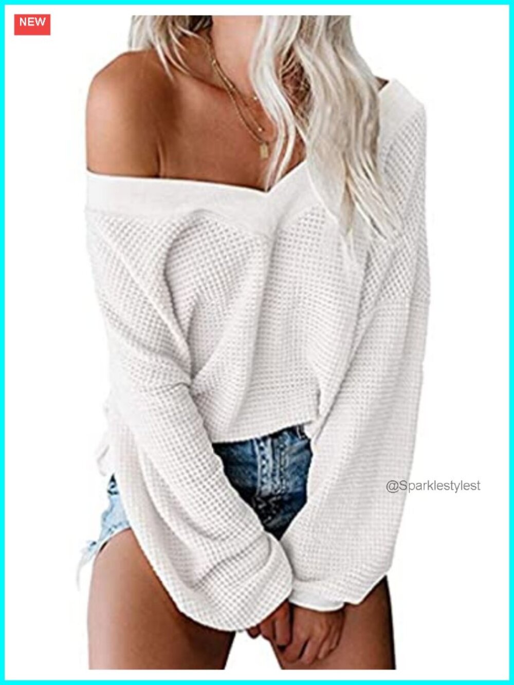 V Neck Long Sleeve Waffle Knit Off Shoulder Pullover Sweater